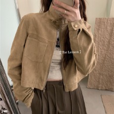 批发韩版复古设计感鹿皮绒短外套拉链女秋季气质显瘦立领<b class='q'>机车</b>服外套