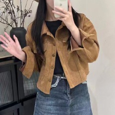 批发韩版复古设计感鹿皮绒秋季气质显瘦立领<b class='q'>机车</b>服短外套