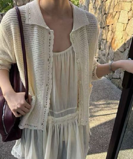 한국 작은 청신 홀로우 아웃 자수 폴로 칼라 스웨터 오픈 가디건