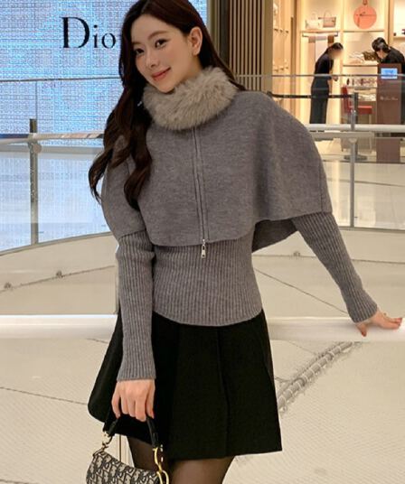 고급 센스 품격 니트 만나는 망토 오픈 가디건 세트 여성 겨울 패션 털 모피 칼라 목도리 3종 세트