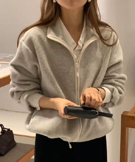 한국 동대문 가을 겨울 새로운 루즈핏 느긋한 바람 스탠드 칼라 플리스 오픈 가디건 보온 두꺼운 지퍼 여성 코트