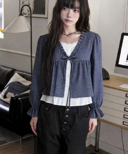 한 부서 ins 바람 체크무늬 페이크 레이어드 인형 셔츠 셔츠