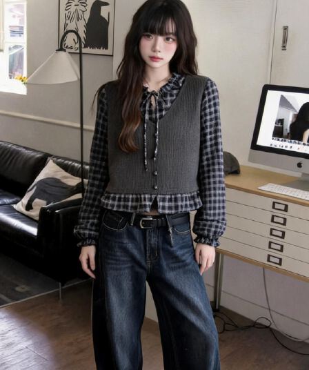한국 chic 루즈핏 다용도 패치워크 격자 무늬 셔츠 인형 셔츠