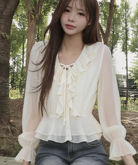2026 이른 가을 품격 우아함 프릴 쉬폰 허리 수축 셔츠