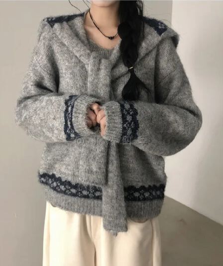 학원 스타일 해군 칼라 숄 V넥 니트 스웨터 여자 가을 겨울 새로운 작은 대중 레트로 자카드 느긋한 바람 맨위