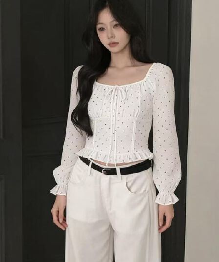 한 부서 달콤함 도트 무늬 광장 칼라 쇼트 스타일 티셔츠 맨위