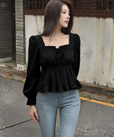 프랑스식 품격 달콤한 미국 칼라 허리 수축 벌룬 소매 쇼트 스타일 쉬폰 셔츠
