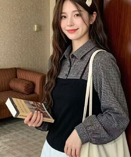 아메리칸 레트로 디자인 센스 페이크 레이어드 폴로 칼라 체크무늬 여성 셔츠 몸매 가꾸기 긴팔 맨위 여성