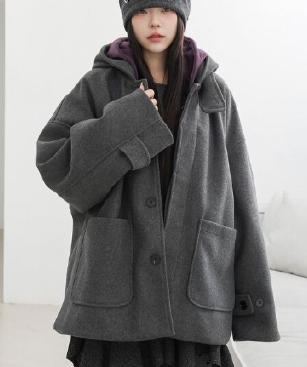 한 부서 분위기 센스 모직 코트 여성 프랑스식 패션 다용도 싱글 줄 버튼 디자인 센스 느긋한 후드 모직 외투
