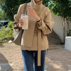 批发韩国立领短款风衣外套女气质系带收腰设计感不规则休闲工装夹克