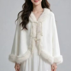 批发新中式高级感名媛披肩外套女秋<b class='q'>冬</b>装系扣毛毛领宽松外搭防貂绒上衣