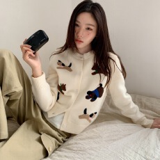 批发童趣小狗毛巾绣针织<b class='q'>开衫</b>女春秋复古简约松弛感韩系上衣