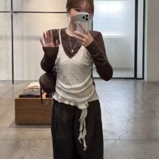 批发2026秋季新款不规则波点吊带套装女圆领长袖内搭<b class='q'>打底衫</b>叠穿两件套