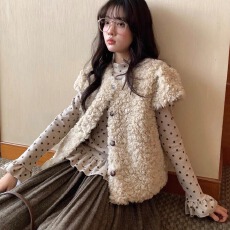 批发韩系<b class='q'>甜美</b>皮毛一体羊羔毛马甲短款开衫外套少女风毛绒波点两件套装