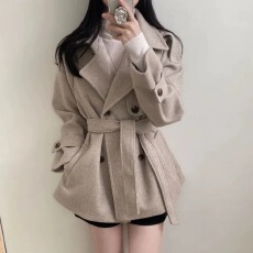 批发韩版冬季法式小众气质<b class='q'>英伦</b>复古双排扣系带毛呢<b class='q'>风</b>衣外套大衣女
