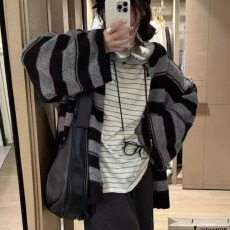 韩系复古条纹针织衫开衫女2026秋冬新款宽松慵懒风软糯毛衣外套女