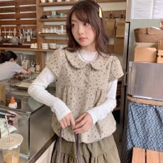 批发韩系学院风甜美波点娃娃领短款呢子上衣女装法式修身打底两件套装