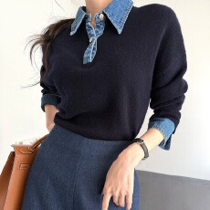 批发牛仔拼接假两件毛衣女<b class='q'>欧洲站</b>秋冬2025<b class='q'>新款</b>宽松翻领时尚百搭上衣潮