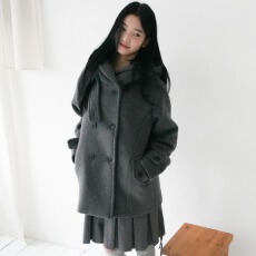 批发日系学院风连帽双排扣毛呢外套女韩国chic减龄小个子气质呢子大衣