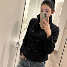 批发韩国高级感立领双排扣毛呢外套女冬季新款系带收腰短款呢子大衣