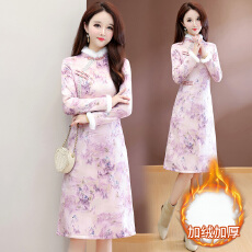 批发实拍新款加绒加厚修身时尚中国风中式连衣裙