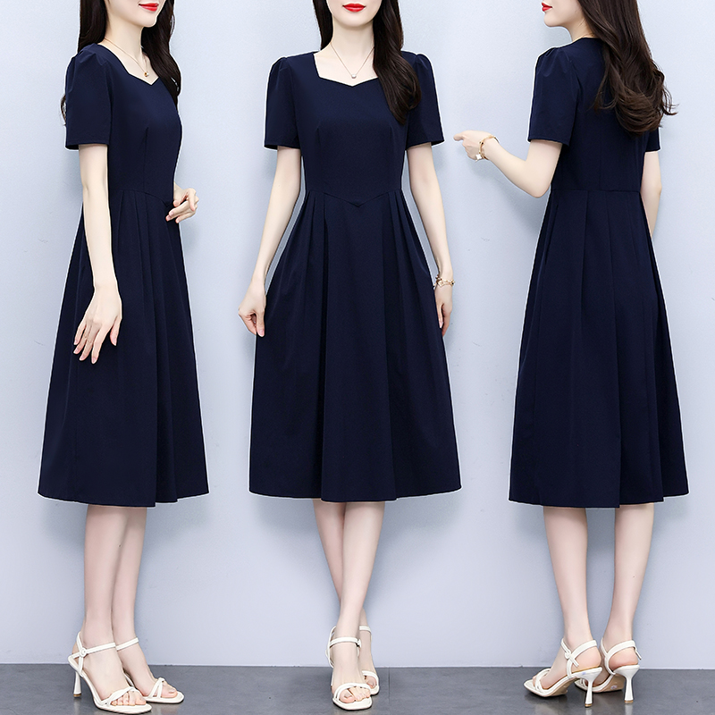 RY3858# 沐沐衣品#2026年夏季新款气质显瘦遮肚中长款V领大码短袖连衣裙