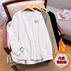 批发<b class='q'>实拍</b> 加绒加厚笑脸刺绣卫衣女2025秋季新款宽松慵懒风长袖休闲<b class='q'>T</b><b class='q'>恤</b>