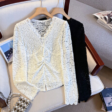 批发实拍 2025秋季新款韩版时尚休闲V领长袖蕾丝衫女修身显瘦上衣潮