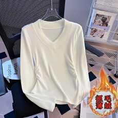 批发实拍2025秋季新款螺纹薄绒抓毛V领长袖不对称T恤女修身显瘦上衣潮