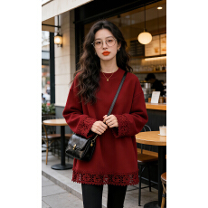 批发实拍圣诞红色德绒加厚<b class='q'>蕾丝</b>刺绣假两件卫衣秋冬宽松内搭<b class='q'>打底衫</b>上衣