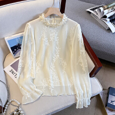 批发实拍气质蕾丝刺绣<b class='q'>雪纺衫女</b>2026年早春荷叶边领长袖打底衫洋气上衣