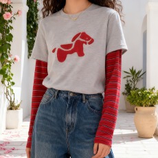 批发小狗刺绣假两件长袖<b class='q'>T</b><b class='q'>恤</b>女2026春季新款美式正肩显瘦内搭打底上衣