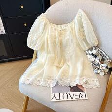 批发实拍法式重工刺绣<b class='q'>短袖</b>衬衫女2026夏季新款设计感小众宽松显瘦上衣