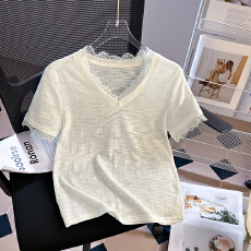 批发实拍2026年新款花边蕾丝<b class='q'>V领</b>短袖<b class='q'>T</b><b class='q'>恤</b>女修身显瘦打底内搭设计感上衣