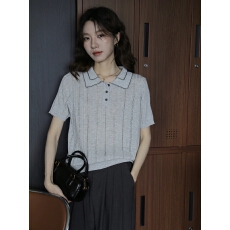 官图 复古风翻领短袖针织衫女灰色条纹夏季亲肤透气镂空上衣服