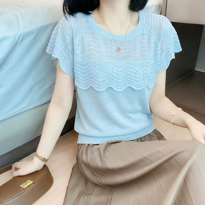 경관 그림 프랑스식 여름 드레스 새로운 물결무늬 홀로우 아웃 레이스 숄 라운드 넥 맨위 분위기 센스 얇고 가벼운 니트 스웨터 여성