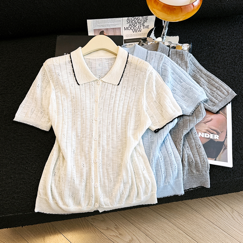 실사 배색 polo 폴로 칼라 긍정적 인 어깨 홀로우 아웃 반팔 니트 오픈 가디건 티셔츠 여성 2026 여름 새로운 맨위