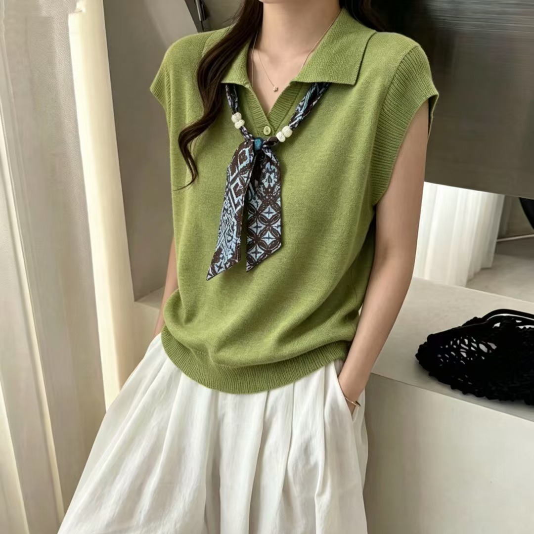 경관 그림 POLO 칼라 스카프 레이스업 니트 스웨터 여름 얇은 스타일 통기성 반팔 어깨 부드러운 바람 다용도 맨위