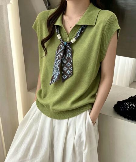 경관 그림 POLO 칼라 스카프 레이스업 니트 스웨터 여름 얇은 스타일 통기성 반팔 어깨 부드러운 바람 다용도 맨위