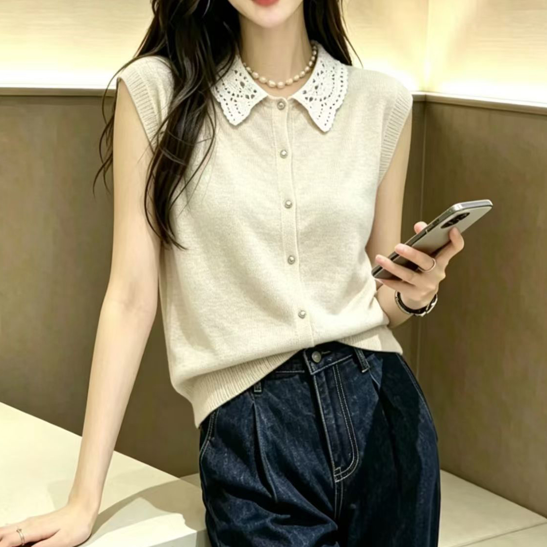 경관 그림 홀로우 아웃 베이비 칼라 니트 조끼 여자 여름 얇은 스타일 민소매 조끼 외부 가져 가라. 품격 작은 샤넬 스타일 맨위