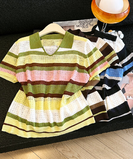 실사 여름 배색 무지개 스트라이프 POLO 칼라 홀로우 아웃 니트 반팔 여성 얼음 실크 통기성 연령 감소 쇼트 스타일 맨위