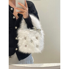 批发实拍实价爱心闪钻蝴蝶结毛绒包包手提包