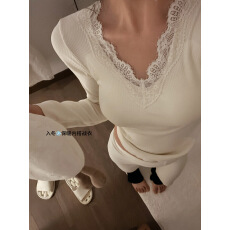 批发实拍实价保暖蕾丝v领带胸垫贴身长袖内长裤羊绒加厚内衣<b class='q'>套装</b>