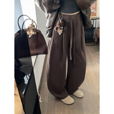 实拍实价微弯刀弧形宽松栗色加绒加厚休闲裤