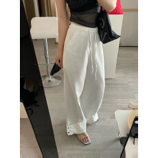 批发实拍实价简约纽扣开叉翻边两穿设计感棉麻口袋直筒裤2色