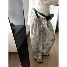 批发实拍实价黑白灰油画色块冰丝抽绳阔腿裤