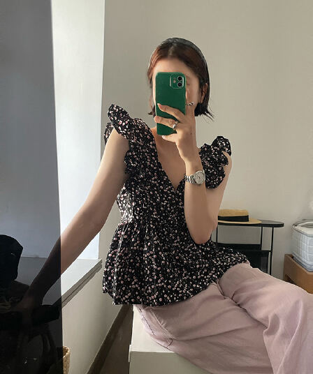 실사 정가 한 chic 남쪽 법 꽃무늬 전원 Feifei 소매 프릴 풀오버 민소매 셔츠