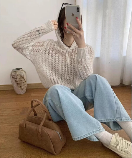 yuns 모헤어 작은 대중 디자인 센스 홀로우 아웃 후드 니트 스웨터 여성 봄 루즈핏 슬림해 보이는 한 부서 레트로 맨위