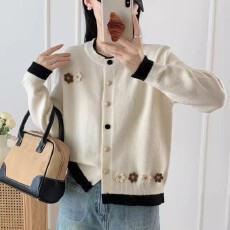 批发2025春秋冬季圆领针织开衫花朵<b class='q'>韩版</b><b class='q'>宽松</b>百搭毛衣外套女衫<b class='q'>宽松</b>显瘦