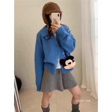 批发韩系纯色<b class='q'>翻领</b>双拉链毛衣外套女秋冬新款宽松显瘦针织开衫休闲上衣